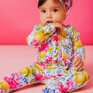 Baby Kids Bamboo Pajamas — Carpe Lemon Ruffle Footie — Image 1