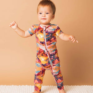 Baby Kids Bamboo Pajamas — Saddle Up Sunset Short Sleeve Romper — Image 1