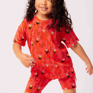 Baby Kids Bamboo Pajamas — Sesame Street™ E is for Elmo Girls Oversized T-Shirt & Biker Shorts Set — Image 1