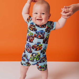 Baby Kids Bamboo Pajamas — Trucks Are My Jam Shortie Romper — Image 1