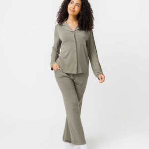 Baby Kids Bamboo Pajamas — Olive The Above Women's Long Sleeve Collar Shirt & Pants Pajama Set — Image 1