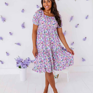 Baby Kids Bamboo Pajamas — So Eggstra Women’s Off the Shoulder Puff Sleeve Dress — Image 1