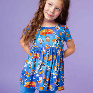 Baby Kids Bamboo Pajamas — Space Jam™ Short Sleeve Empire Waist Top & Shorts Set — Image 1