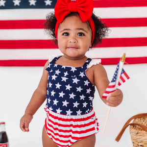 Baby Kids Bamboo Pajamas ā Stars & Stripes Bubble Romper ā Image 1