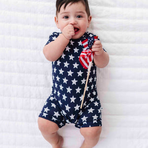 Baby Kids Bamboo Pajamas — Navy Star Shortie Romper — Image 1