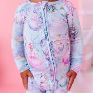 Baby Kids Bamboo Pajamas — Sugar Plum Dreams Convertible Ruffle Romper — Image 1