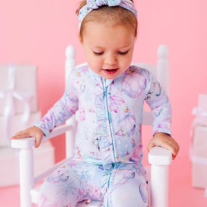 Baby Kids Bamboo Pajamas — Sugar Plum Dreams Ruffle Footie — Image 1
