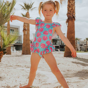Baby Kids Bamboo Pajamas — Talk to the Shell Peplum One Piece Swimsuit — Image 1