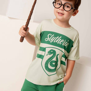 Baby Kids Bamboo Pajamas — Harry Potter™ Team Slytherin Short Sleeve T-Shirt & Shorts Set — Image 1