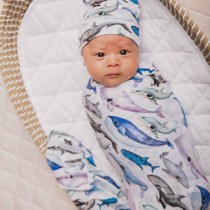 Baby Kids Bamboo Pajamas — Whalecome to the Party Swaddle & Beanie Set — Image 1