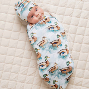 Baby Kids Bamboo Pajamas — What The Duck Swaddle & Beanie Set — Image 1
