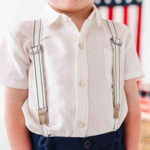 Baby Kids Bamboo Pajamas — White Boys Short Sleeve Button Down Shirt — Image 1