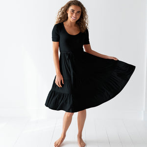 Baby Kids Bamboo Pajamas — Black Ribbed Mama Dress — Image 1