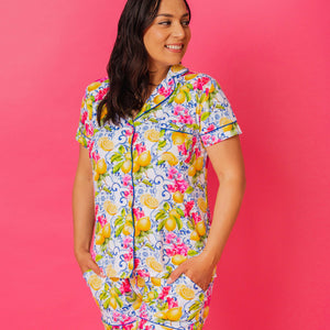 Baby Kids Bamboo Pajamas — Carpe Lemon Women's Collar Shirt & Shorts Set — Image 1