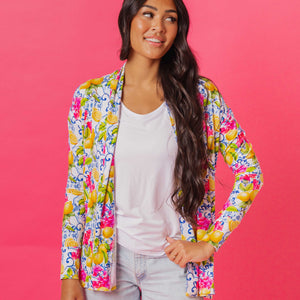 Baby Kids Bamboo Pajamas — Carpe Lemon Women's Open Front Long Sleeve Cardigan — Image 1