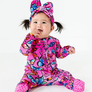 Baby Kids Bamboo Pajamas — You Give Me Butterflies Ruffle Footie — Image 1