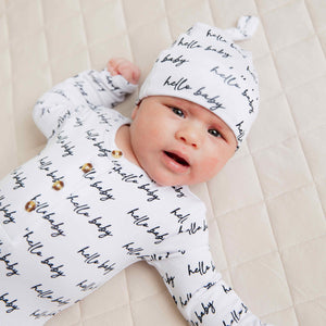Baby Kids Bamboo Pajamas — Hello Baby Knotted Gown & Beanie Set — Image 1