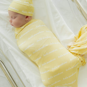 Baby Kids Bamboo Pajamas — Hello Sunshine Swaddle & Beanie Set — Image 1