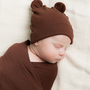 Baby Kids Bamboo Pajamas — Mocha Me Happy Baby Beanie with Ears — Image 1