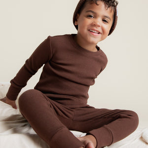Baby Kids Bamboo Pajamas — Cream Puff + Mocha Me Happy Ribbed Long Sleeve Pajama Sets Bundle — Image 2