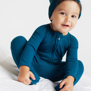 Baby Kids Bamboo Pajamas — Navy or Not Ribbed Convertible Romper — Image 1