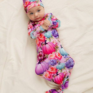 Baby Kids Bamboo Pajamas — Pretty Little Patch Knotted Gown & Beanie Set — Image 1