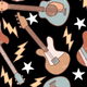 Pattern of guitars and lightning bolts on a black background.