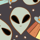 Pattern of cartoon aliens on a dark background