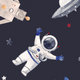 Illustration of an astronaut floating in space with a robot and UFO, surrounded by stars.