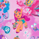 Colorful illustration of My Little Pony characters, featuring a pony with pink and orange mane and various symbols.