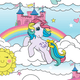 Illustration of a My Little Pony character in a whimsical landscape with clouds, a rainbow, and a castle.