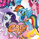 Colorful illustration of My Little Pony characters with the word 'CREW' in a heart shape.