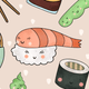 Cute sushi and shrimp illustrations on a light background.