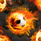 A soccer ball surrounded by flames on a patterned background.