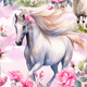 A white horse with flowing mane surrounded by pink flowers and clouds.