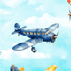 Illustration of a blue airplane flying in a blue sky with clouds.