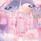 A whimsical pink castle surrounded by roses, bats, and butterflies.