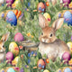 Pattern of rabbits and colorful Easter eggs on grass.