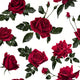 Pattern of red roses with green leaves on a white background