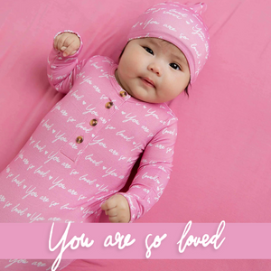 Baby Kids Bamboo Pajamas — You Are So Loved - Pink-a-Boo Knotted Gown & Beanie Set — Image 1