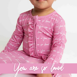 Baby Kids Bamboo Pajamas — You Are So Loved - Pink-a-Boo Ruffle Footie — Image 1