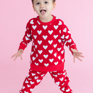 Baby Kids Bamboo Pajamas — Heart Beet Crew Neck Jogger Set — Image 1