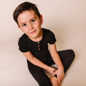 Baby Kids Bamboo Pajamas — Black Two-Piece Button Set - Short Sleeves — Image 1