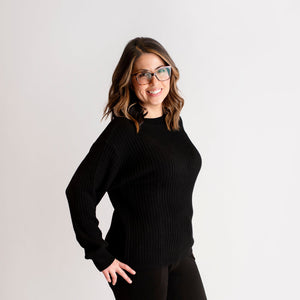 Baby Kids Bamboo Pajamas — Black Women's Ribbed Knit Crew Neck Sweater — Image 1