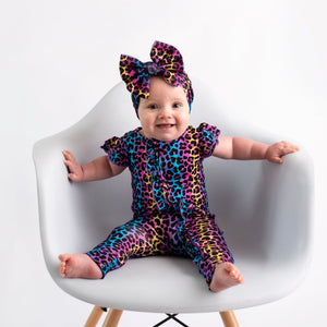 Baby Kids Bamboo Pajamas — Livin' La Cheetah Loca Ruffle Zipper Romper - Cap Sleeves — Image 1