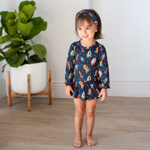 Baby Kids Bamboo Pajamas — Space Jammies Ruffle Dress — Image 1