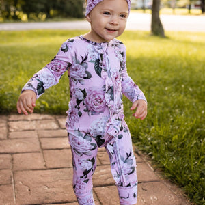 Baby Kids Bamboo Pajamas — Make Me Blush Ruffle Romper — Image 1