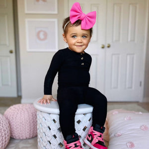 Baby Kids Bamboo Pajamas — Black Ribbed Two-Piece Button Set — Image 1
