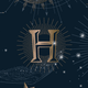 Stylized letter 'H' with decorative elements in a dark background