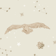 A flying owl surrounded by stars and constellations on a light background.